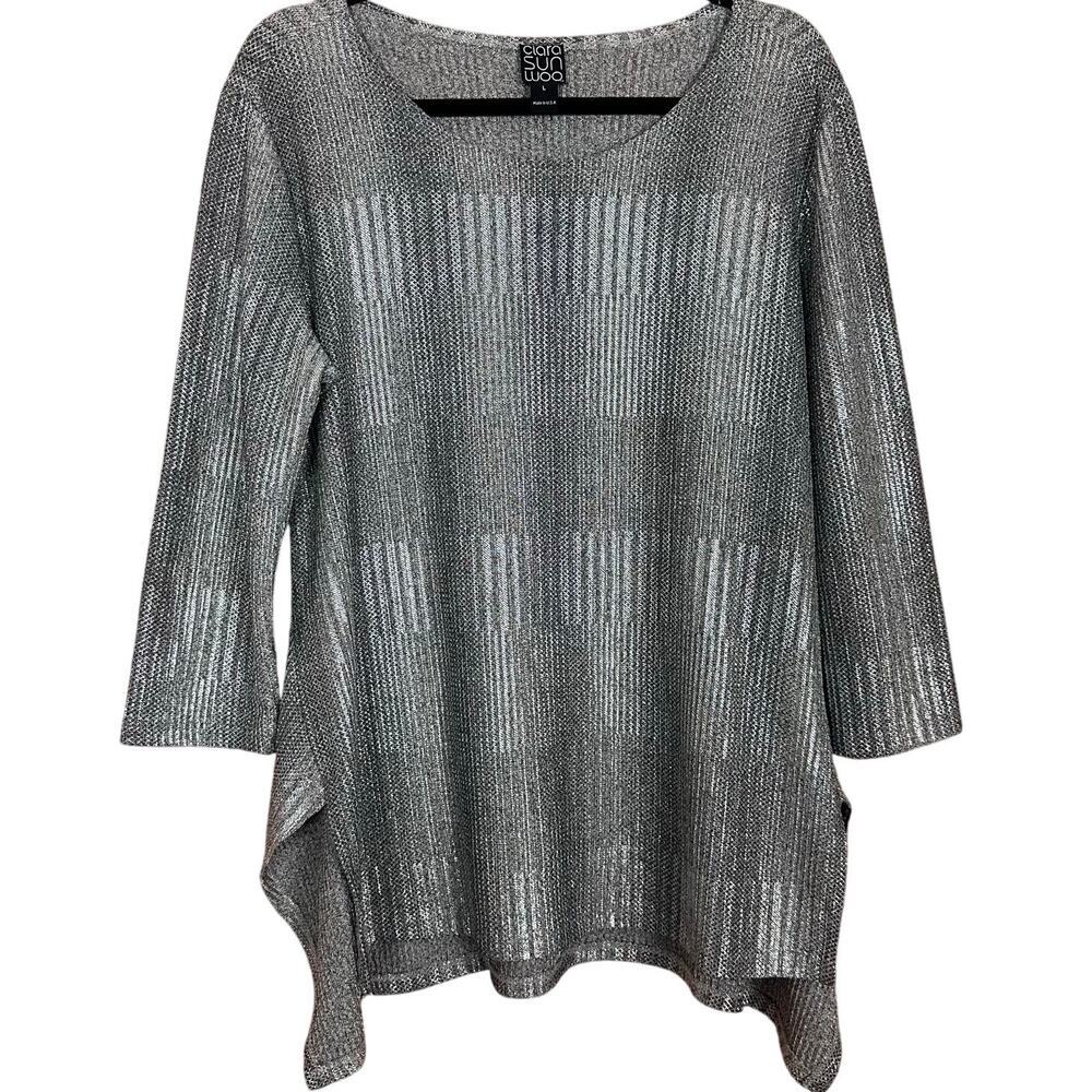 Clara Sun Woo Metallic Silver Tunic Top Shimmer High Low Womens Blouse Large